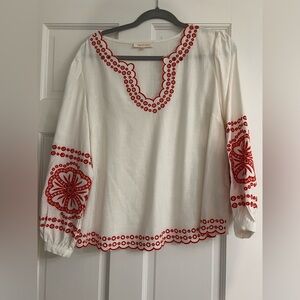 Solitaire White Tunic blouse with Red Embroidered Accents M